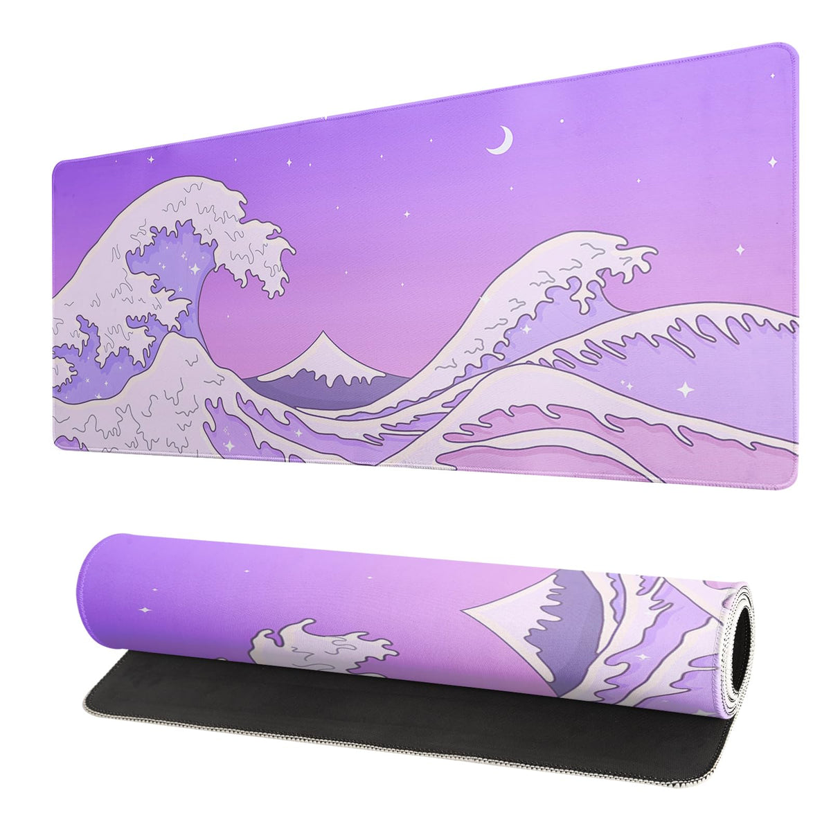 Black and White Japanese Wave Dragon Gaming Mouse Pad - Abstract Mat with Non-Slip Rubber Base, 31.5x11.8 Inch, Stitched Edges - Desk Pad for Office and Home