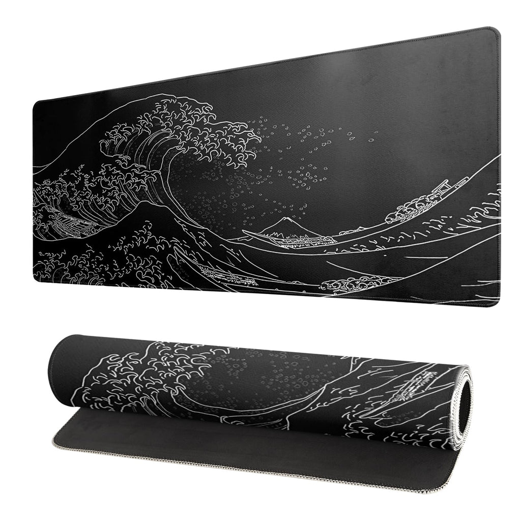Black and White Japanese Wave Dragon Gaming Mouse Pad - Abstract Mat with Non-Slip Rubber Base, 31.5x11.8 Inch, Stitched Edges - Desk Pad for Office and Home