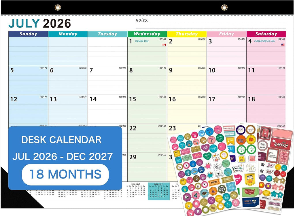 Desk Calendar 2026-2027 - 18 Month Desk Calendar july 2026-2027 Dec, 17" x 12", Large Desk Calendar with Thick Paper, Plastic Cover, Stickers, Home or Office Calendar for Easy Organizing