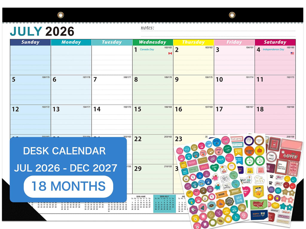 Desk Calendar 2026-2027 - 18 Month Desk Calendar july 2026-2027 Dec, 17" x 12", Large Desk Calendar with Thick Paper, Plastic Cover, Stickers, Home or Office Calendar for Easy Organizing