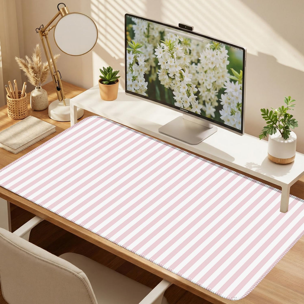 Light Pink Striped Desk Mat Cute Pastel XXL Large Gaming Mouse Pad Desk Pad Kawaii Cozy Aesthetic Keyboard Laptop Computer Mat Home Office Decor for Women