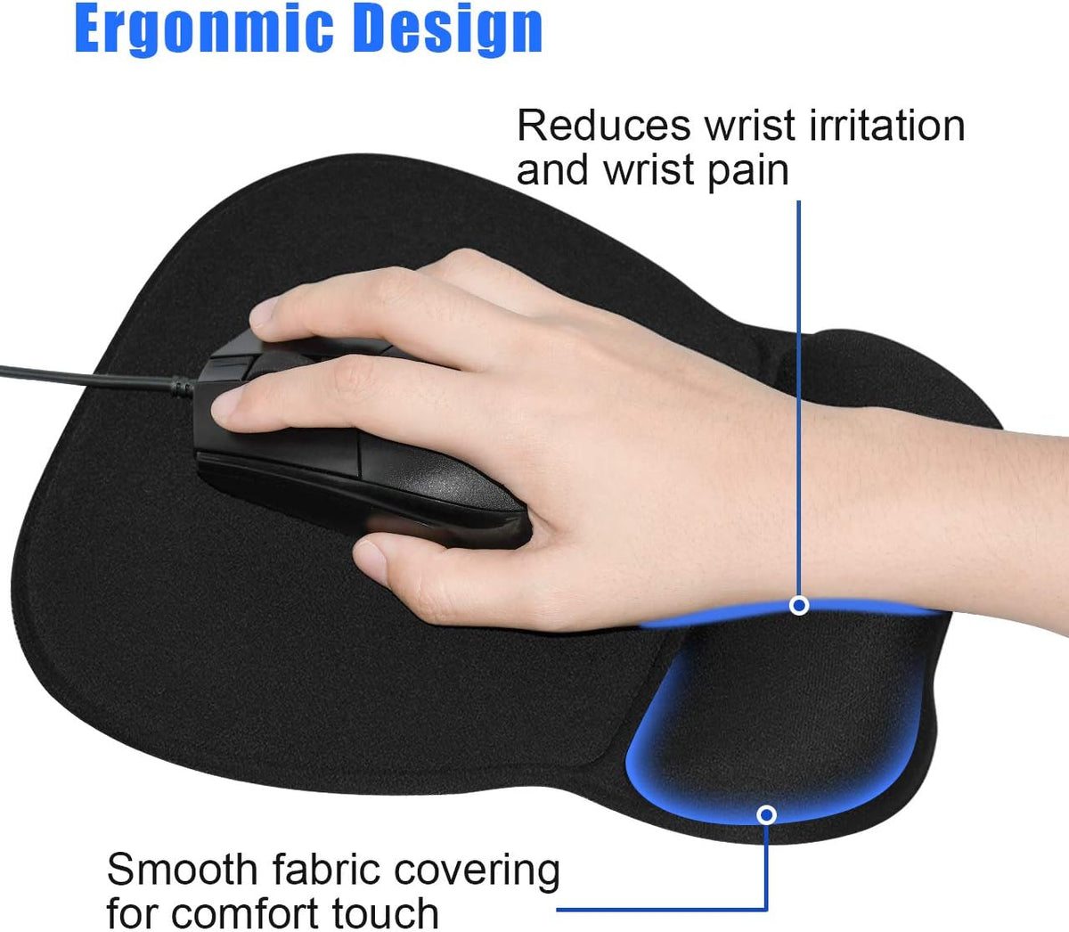 JIKIOU Ergonomic Mouse Pad with Gel Wrist Rest, 9.2 x 8.1 in, Black