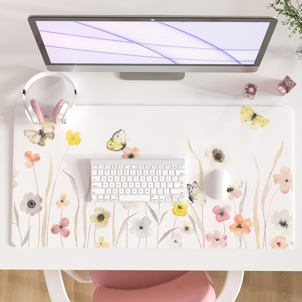 Faux Leather Large Mouse Pad, Office Desk Mat, 31.5"x15.7", Pink Floral