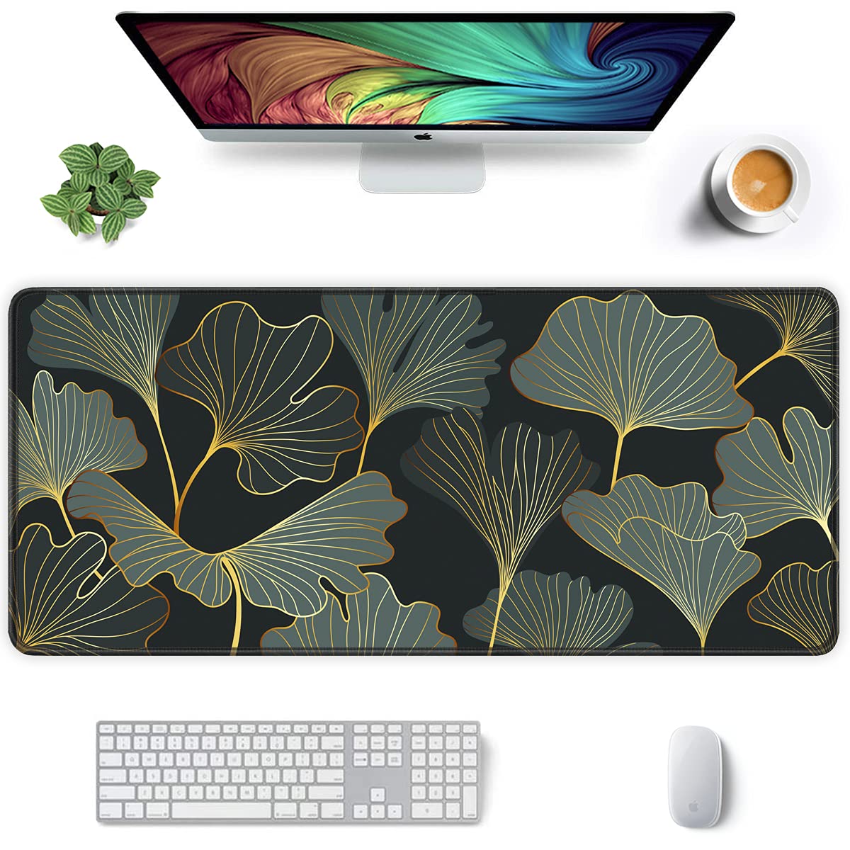 Auhoahsil Desk Mat, Ultra Large Mouse Pad, XXL Gaming Mousepad, Green Tropical Leaves Deskpad, Big Extended Full Size Mouse Pad, Desktop Desk Matt for Keyboard, Laptop & Computer, 35.5 x 15.7 in