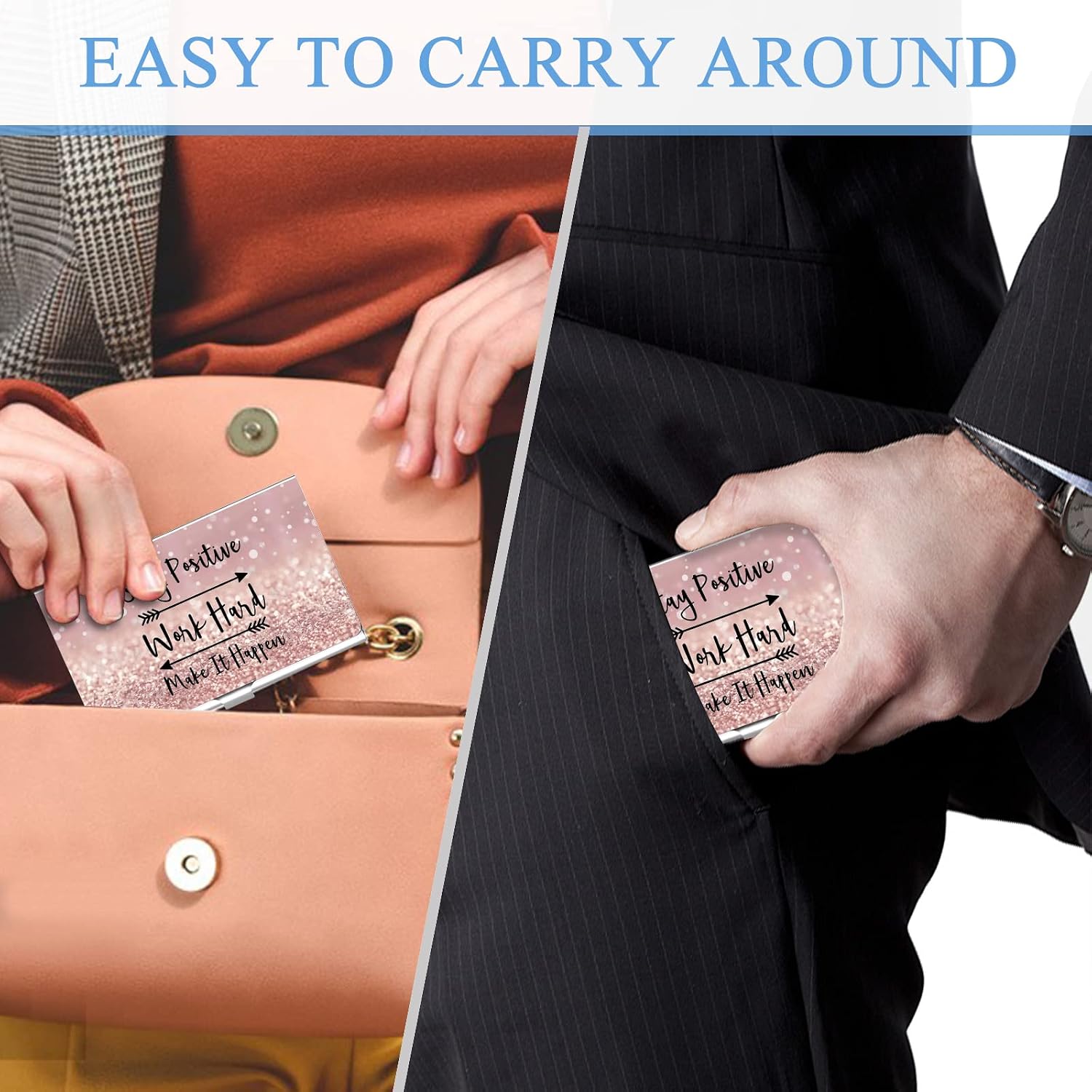 Business Card Holder，Color Printing Men's and Women's Business Card Case，Ultra-thin Metal Business Card Organizer，Carry-on Pocket Wallet Business Card Holder,Pink letters