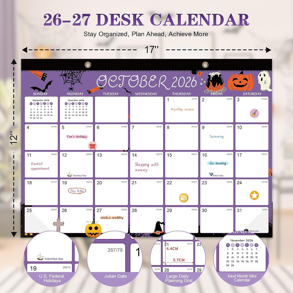 Desk Calendar 2026-2027, 15 Month Oct 2026 - Dec 2027, 17x12,Colorful