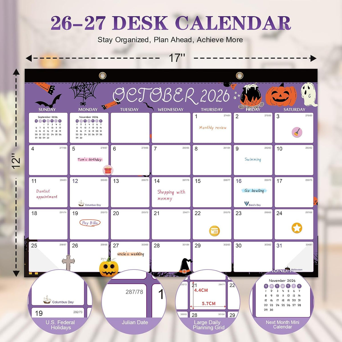 Desk Calendar 2026-2027, 15 Month Oct 2026 - Dec 2027, 17x12,Colorful