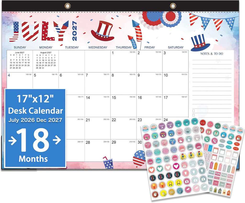 Desk Calendar 2026-2027- 18 Month Desk Calendar july 2026-2027 Dec,17" x 12", Large Monthly Desktop Calendar with Daily Blocks, Thick Paper, Corner Protectors (2 Stickers Included)