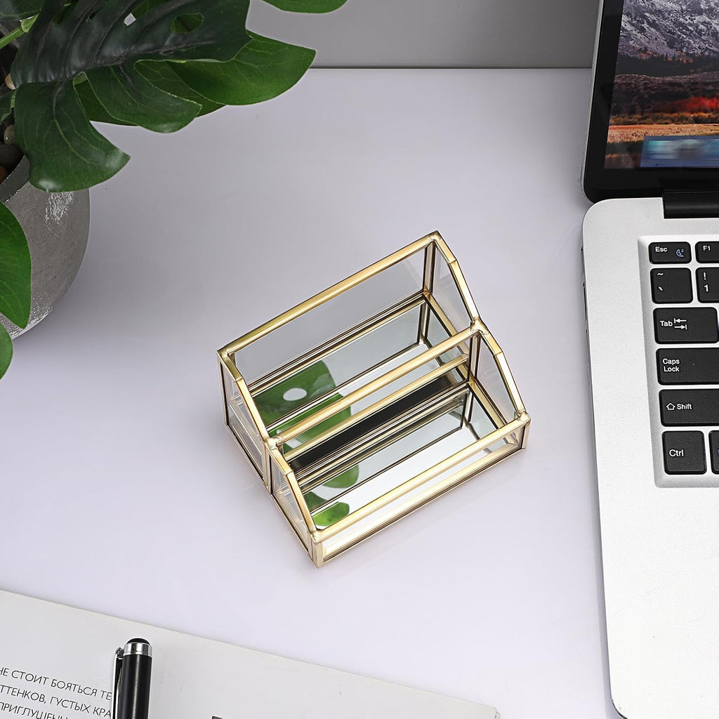 Hipiwe Glass Business Card Holder for Desk 2 Slots Gold Name Card Stand