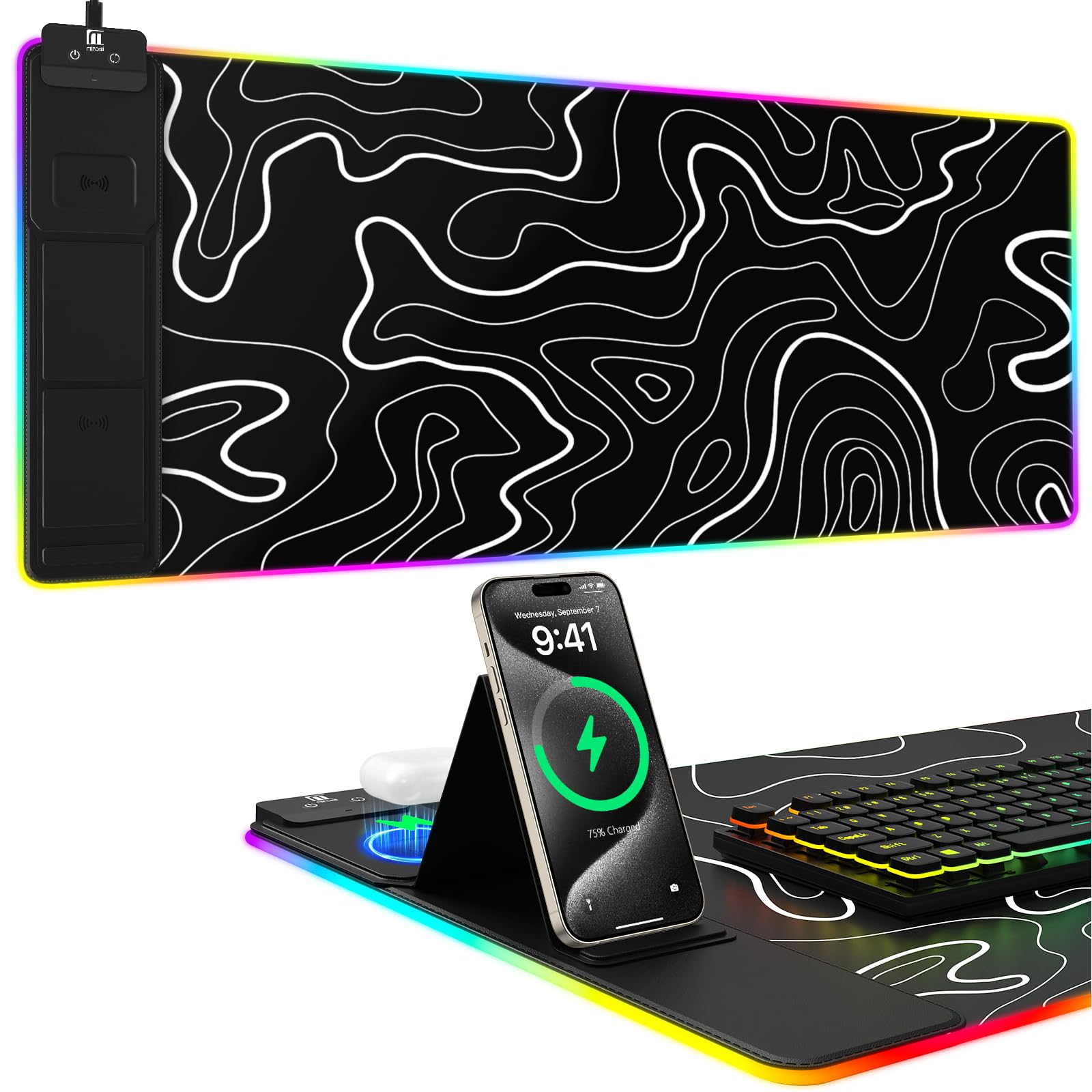Wireless Charging RGB Mouse Pad with Phone Stand, Large Gaming Desk Mat