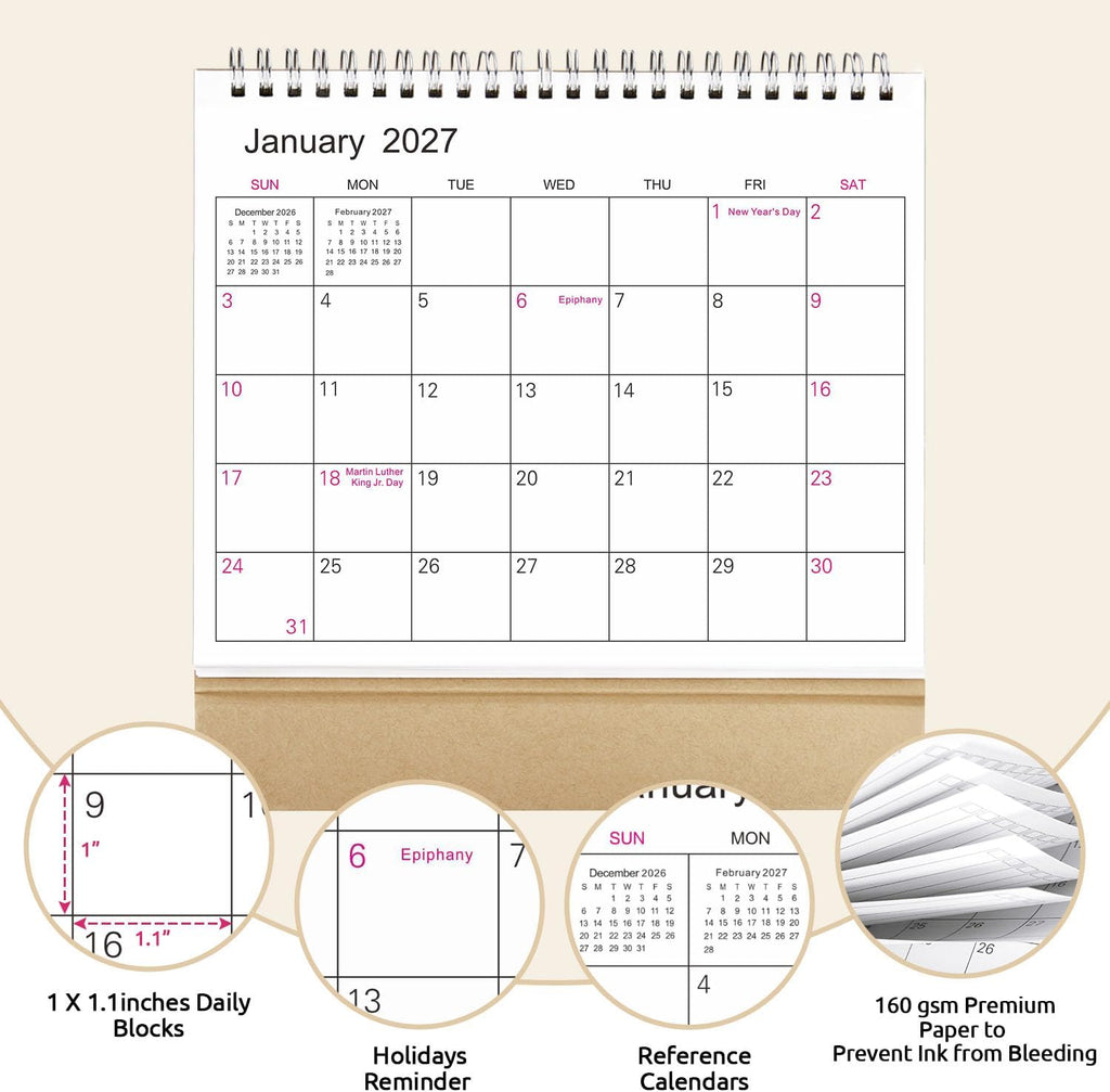 SKYDUE Small Desk Calendar 2026-2027, Jul. 2026 to Dec. 2027, 18 Months Small Desk Calendar with Planner Stickers, 8.5" x 7" Desktop Calendar Planner, Kraft
