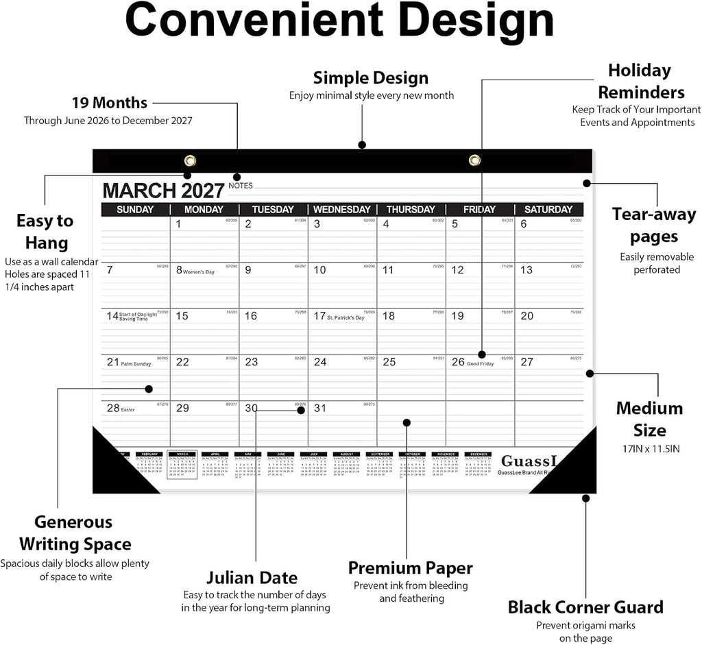GuassLee Desk Calendar 2026-2027 - 19 Months Academic Calendar 17" × 11.5" Desktop Calendar from Jun. 2026 to Dec. 2027 with Julian Date for Home School Office Desk Top Organizing