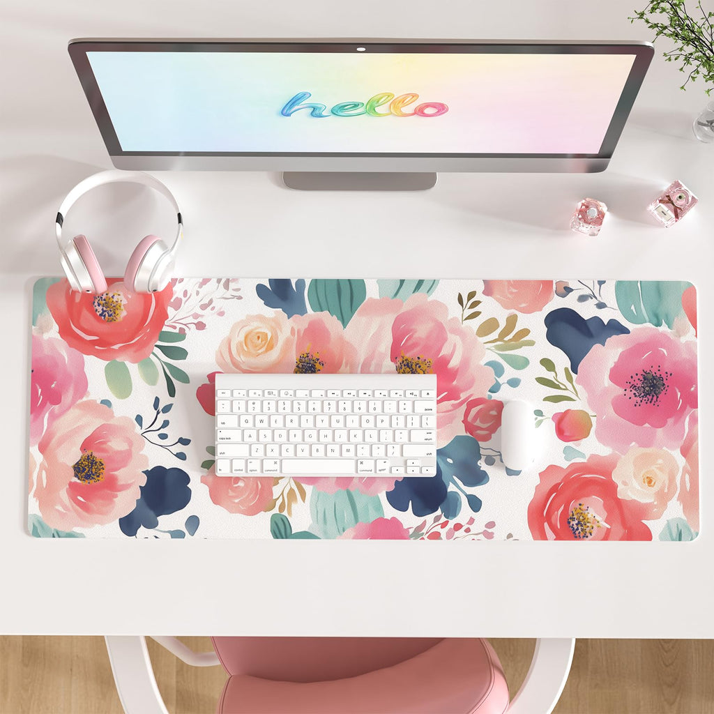 Faux Leather Large Mouse Pad, Office Desk Mat, 31.5"x15.7", Pink Floral