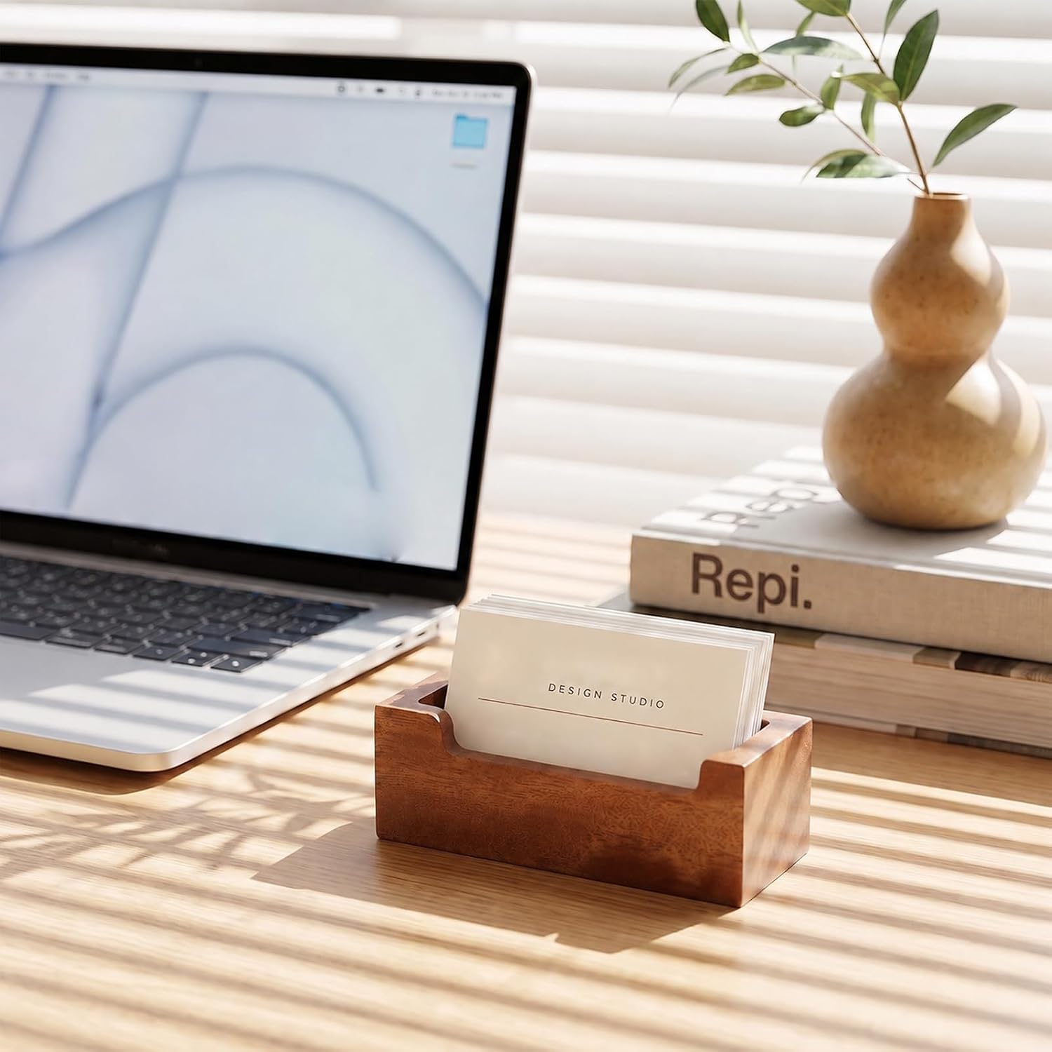 Desktop Business Card Holder, Acacia Wood Name Card Organizer for Desk