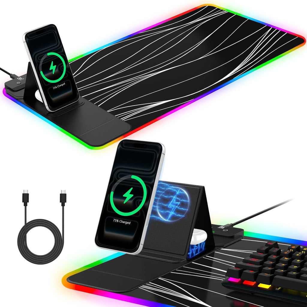 XXL Mouse Pad with Phone Holder - Black, RGB Desk Mat with 15W Fast Charging, LED Gaming Mousepad with 11 Light Colors, Waterproof Non-Slip Pad for Office & Home (Black with PD Adapter)
