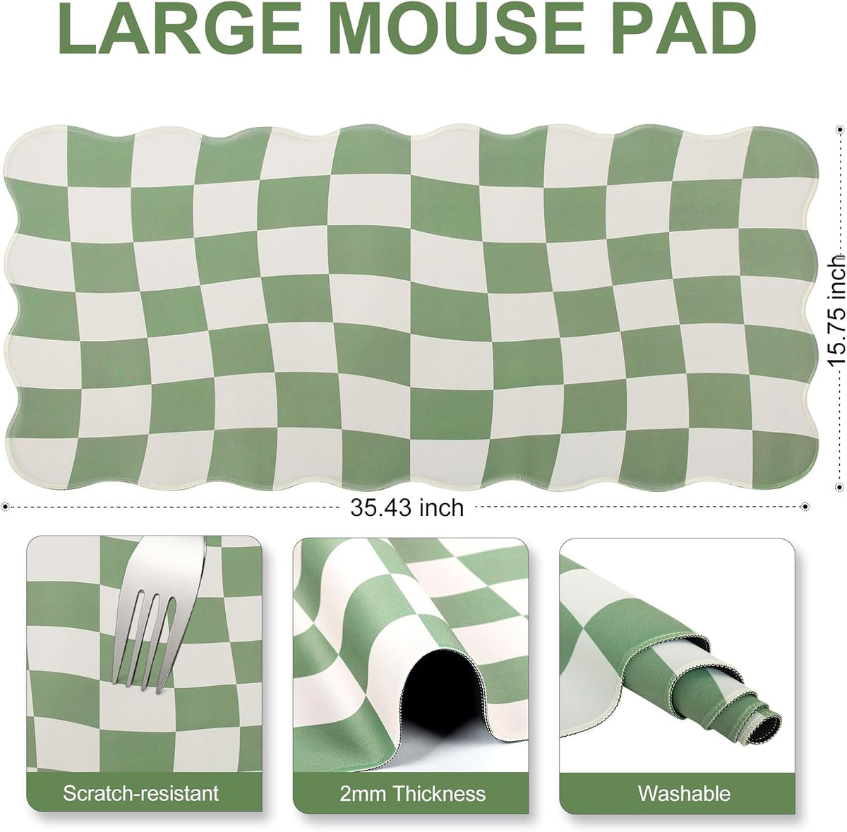 L-SPOUTTO Green Mouse Pad,Geometric Desk Mat XXL Large Scalloped Gaming Mousepad,35.4x15.7in Non-Slip Rubber Base Keyboard Pad Waterproof Desktop Mat for Laptop Computer Game Home Office-Checkered