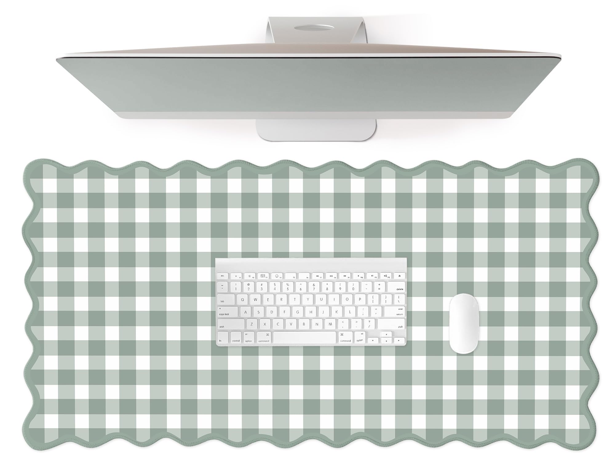 Scalloped‌ Green Checkered Desk Mat Cute Pastel Large Gaming Mouse Pad Gingham Kawaii Cottagecore ‌Vintage‌ Girly Keyboard Computer Mat Aesthetic Desk Pad Accessories Office Decor for Women