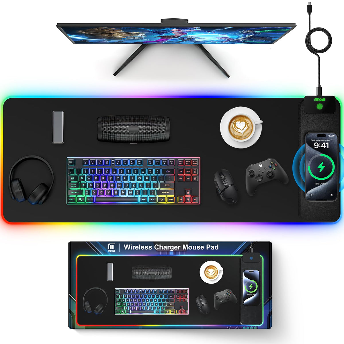 XXL Mouse Pad with Phone Holder - Black, RGB Desk Mat with 15W Fast Charging, LED Gaming Mousepad with 11 Light Colors, Waterproof Non-Slip Pad for Office & Home (Black with PD Adapter)