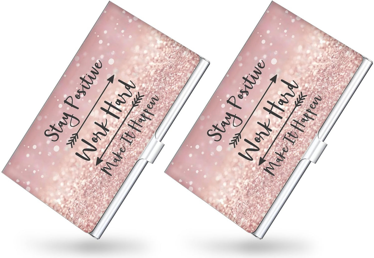 Business Card Holder，Color Printing Men's and Women's Business Card Case，Ultra-thin Metal Business Card Organizer，Carry-on Pocket Wallet Business Card Holder,Pink letters