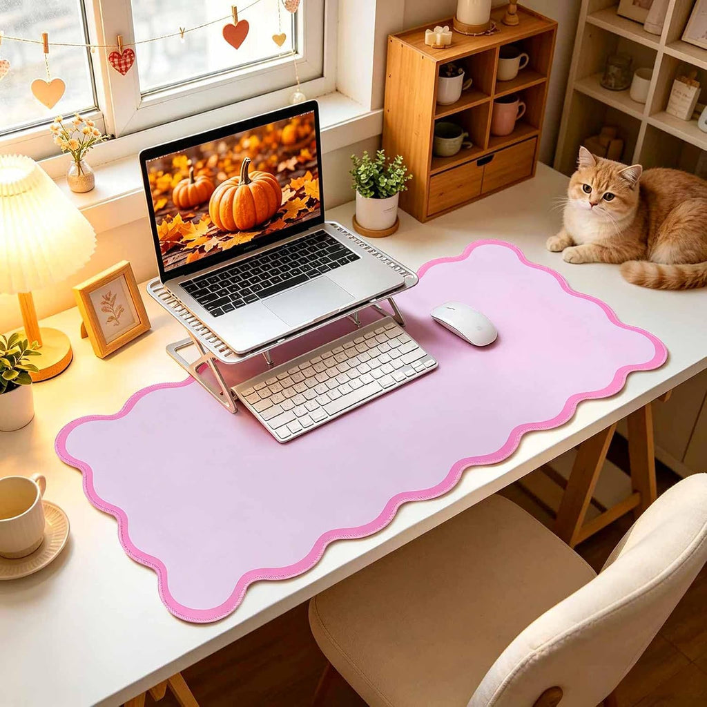yuboo Scalloped Pink Fall Desk Mat, 31"×15.7" Rubber Desk Pad Gifts