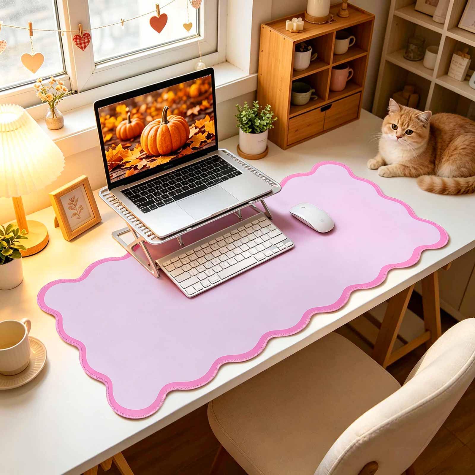 yuboo Scalloped Pink Fall Desk Mat, 31"×15.7" Rubber Desk Pad Gifts