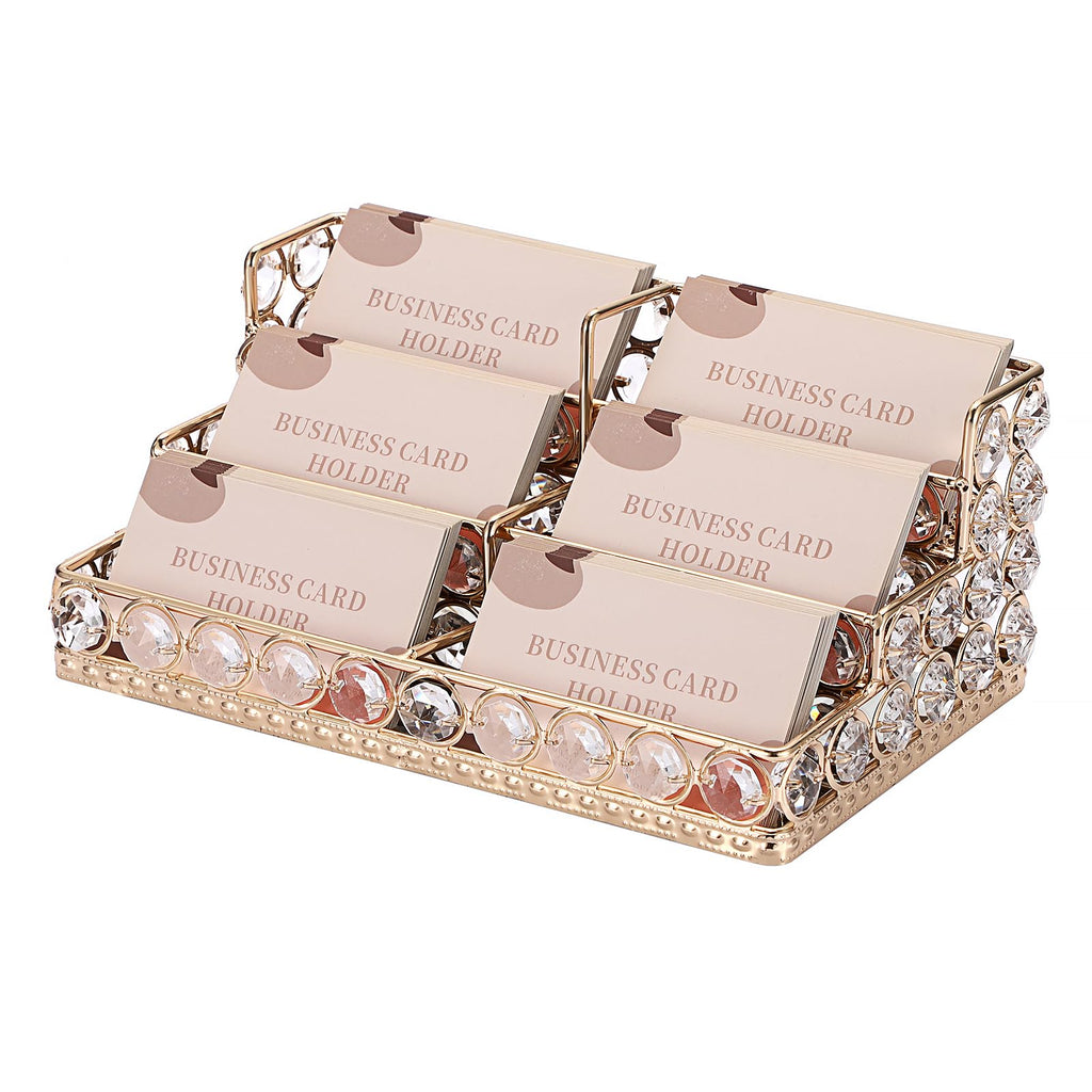 Hipiwe 2 Tiers Crystal Business Card Holder Gold Mirrored Cards Organizer