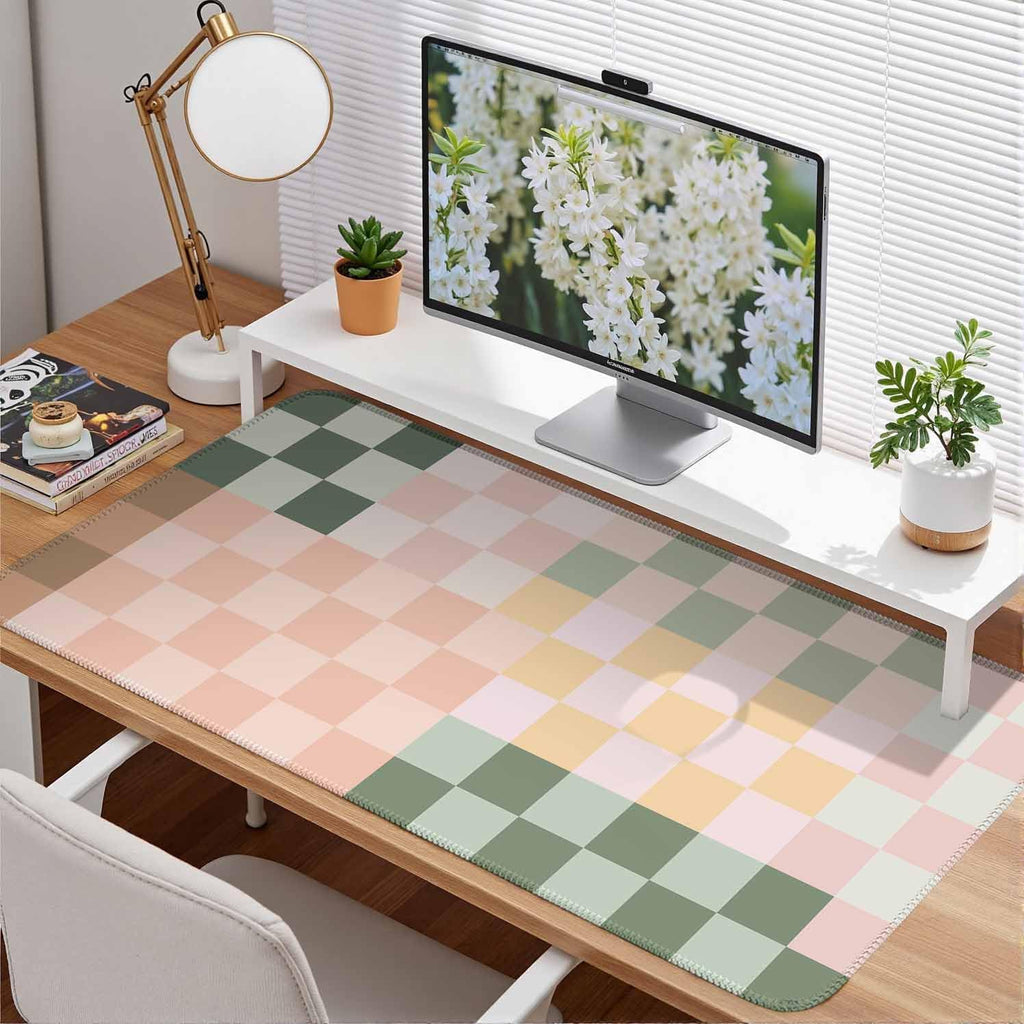 Checkered Desk Mat Cute Pink Pastel XXL Large Mouse Pad Aesthetic Boho Desk Pad with Stitched Edges, Office Decor Keyboard Pad Mouse Mat for Computer