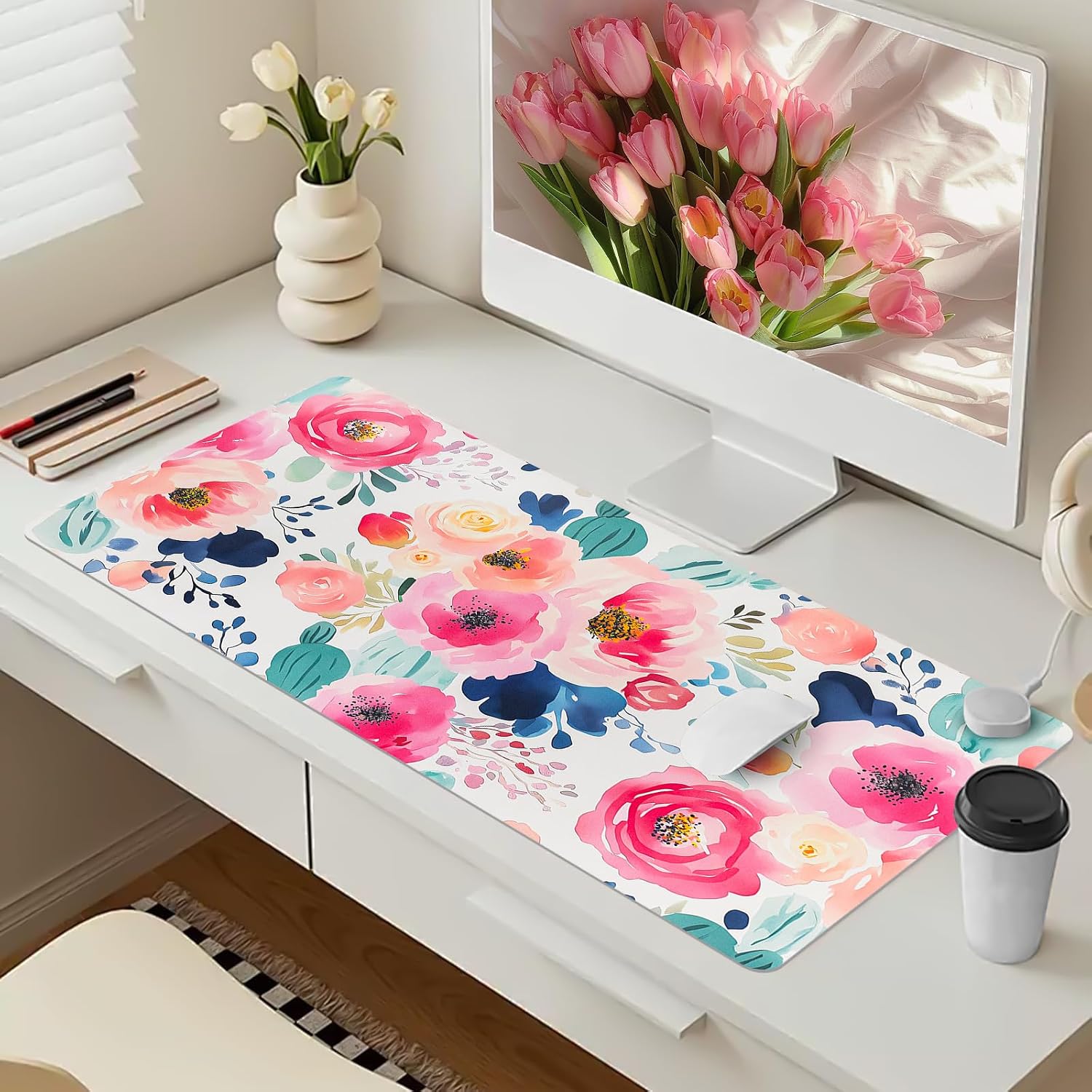 Bloss Pink Floral Desk Mat Cute, Leather Desk Pad, 31.5 x 15.7 Inch