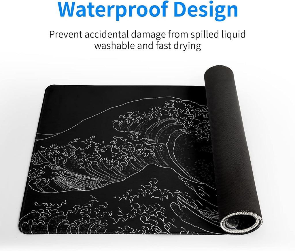 Brecoy Japanese Sea Wave Large Mouse Pad, Anime Black Gaming, Extended Kanagawa Mat Desk Pad, 3mm Thick Long Non-Slip Rubber Base Mice Pad, 31.5 X 11.8 Inch