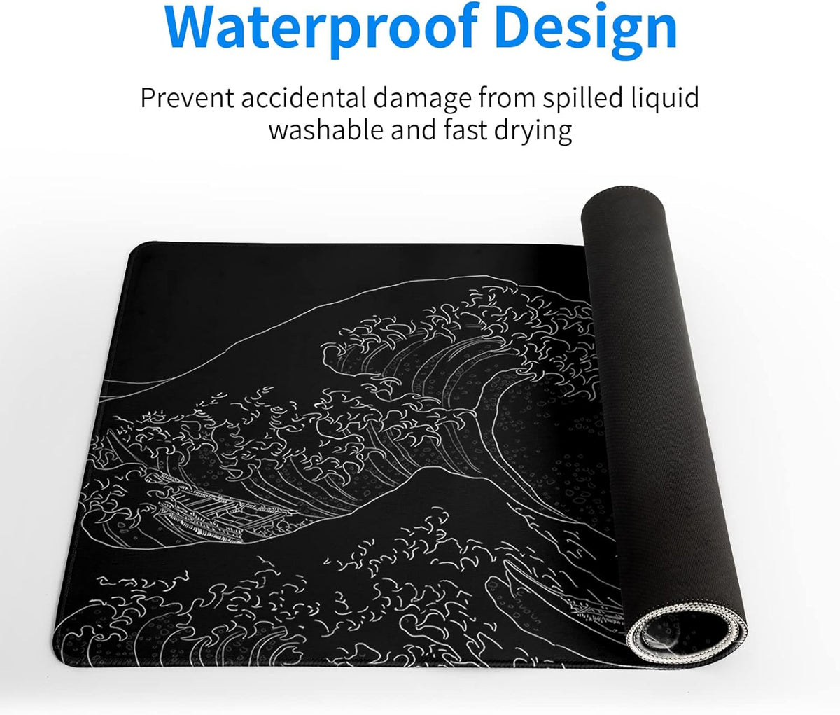 Brecoy Japanese Sea Wave Large Mouse Pad, Anime Black Gaming, Extended Kanagawa Mat Desk Pad, 3mm Thick Long Non-Slip Rubber Base Mice Pad, 31.5 X 11.8 Inch