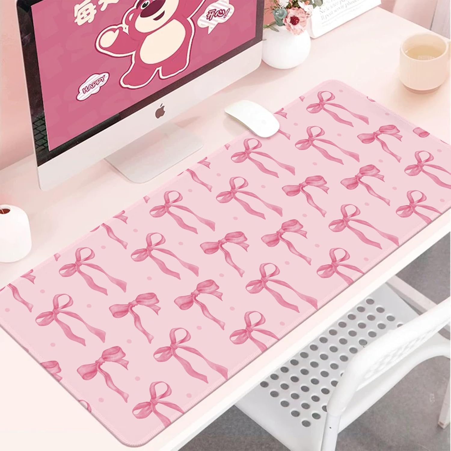 Pink Mouse Pad, Bows Desk Mat Computer Mat Desk Accessories 31.5 x 11.8