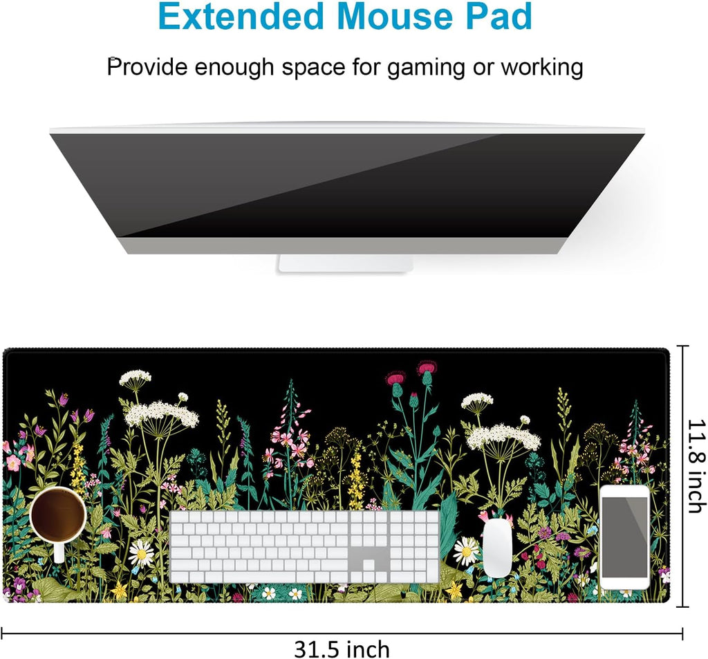 Extended Desk Mat (31.5x11.8 inch 3mm Thick), iDonzon Soft Cute Extra Large XXL Waterproof Gaming Mouse Pad with Non-Slip Rubber Base & Stitched Edges, for Working/Game, Garden Flowers