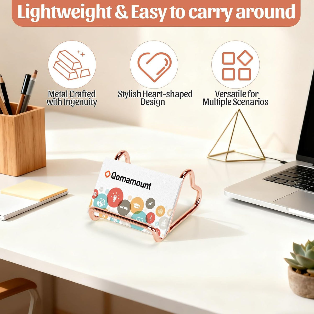 Qomamount Business Card Holder,Cute Heart-Shaped Metal Card Display Stand,Vertical Desktop Name Card Organizer,Small Phone Stand & Photo Holder for Office,Wedding,Reception,Exhibition(Rose gold)