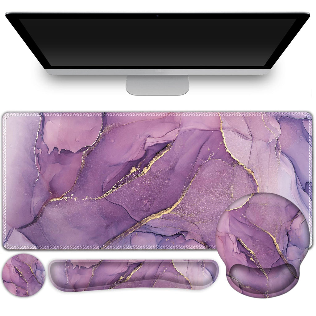 Gaming Mouse Pad Large Desk Mat, Cute Purple Marble Rose Desk Pad Protector