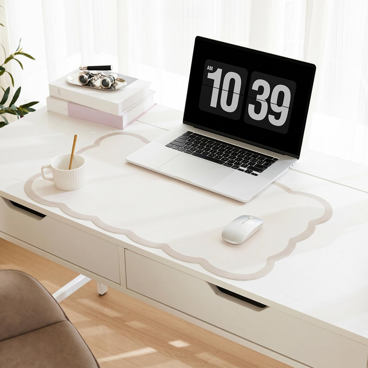 Scalloped Desk Mat, 31.5" x 15.7" Large Cute Aesthetic Desk Accessories, PU Leather Computer Laptop Desk Mouse Keyboard Pad, Desk Writing Mat for Vanity/Work/Home Decor (Pink, 31.5" x 15.7")