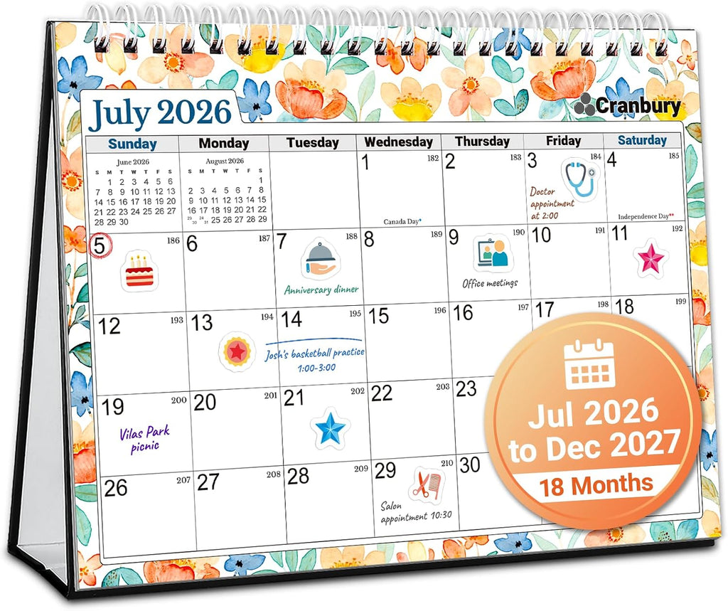 CRANBURY 2026-2027 Small Desk Calendar 8x6, Standing Flip Planner