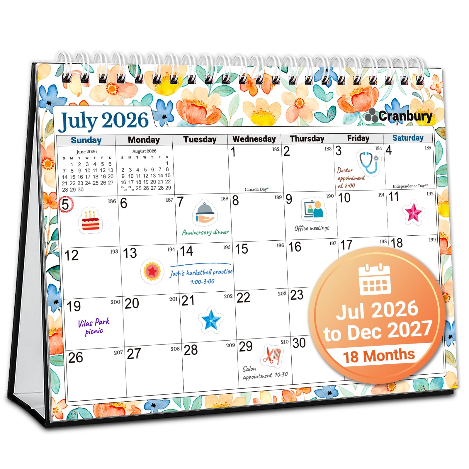 CRANBURY 2026-2027 Small Desk Calendar 8x6, Standing Flip Planner