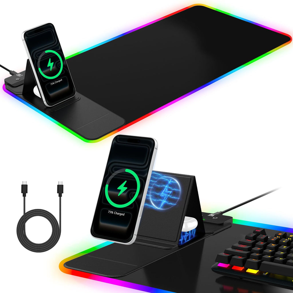 XXL Mouse Pad with Phone Holder - Black, RGB Desk Mat with 15W Fast Charging, LED Gaming Mousepad with 11 Light Colors, Waterproof Non-Slip Pad for Office & Home (Black with PD Adapter)