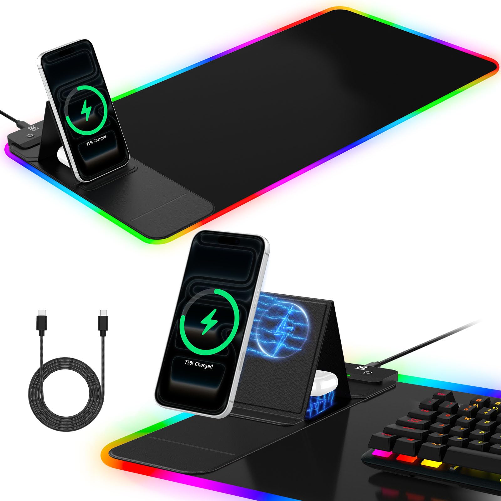 XXL Mouse Pad with Phone Holder - Black, RGB Desk Mat with 15W Fast Charging, LED Gaming Mousepad with 11 Light Colors, Waterproof Non-Slip Pad for Office & Home (Black with PD Adapter)