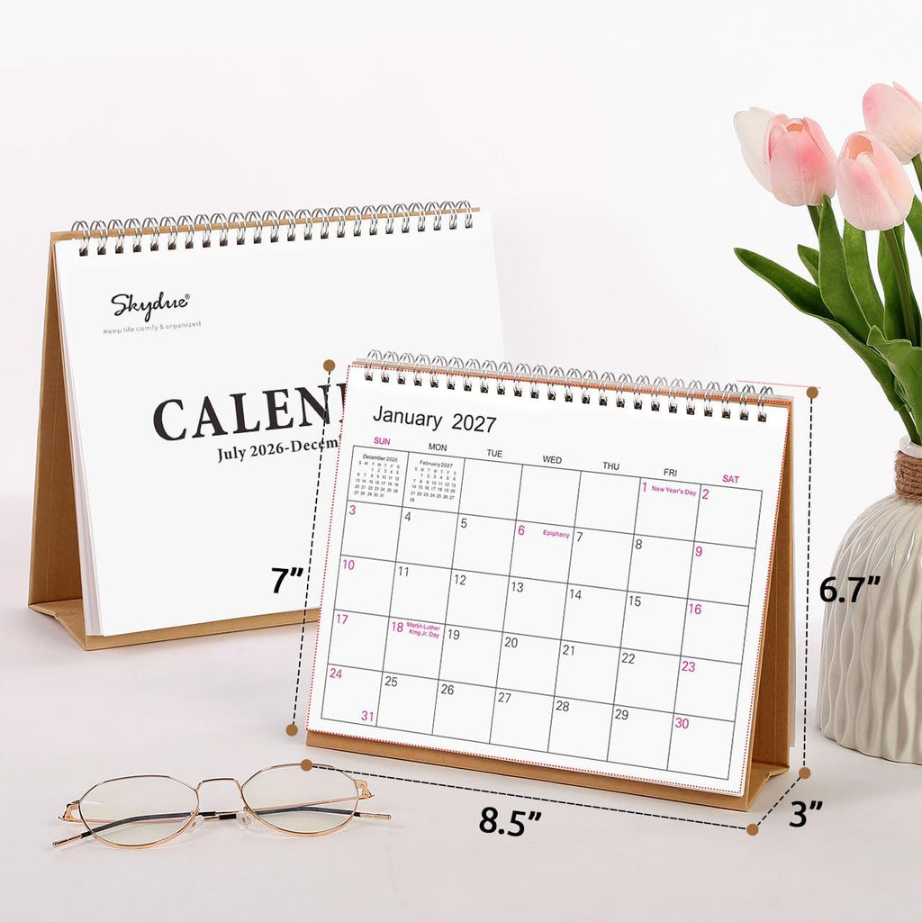 SKYDUE Small Desk Calendar 2026-2027, Jul. 2026 to Dec. 2027, 18 Months Small Desk Calendar with Planner Stickers, 8.5" x 7" Desktop Calendar Planner, Kraft