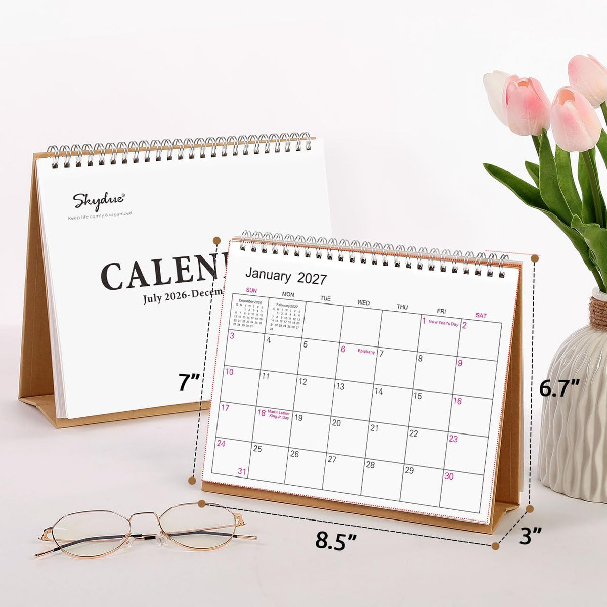 SKYDUE Small Desk Calendar 2026-2027, Jul. 2026 to Dec. 2027, 18 Months Small Desk Calendar with Planner Stickers, 8.5" x 7" Desktop Calendar Planner, Kraft