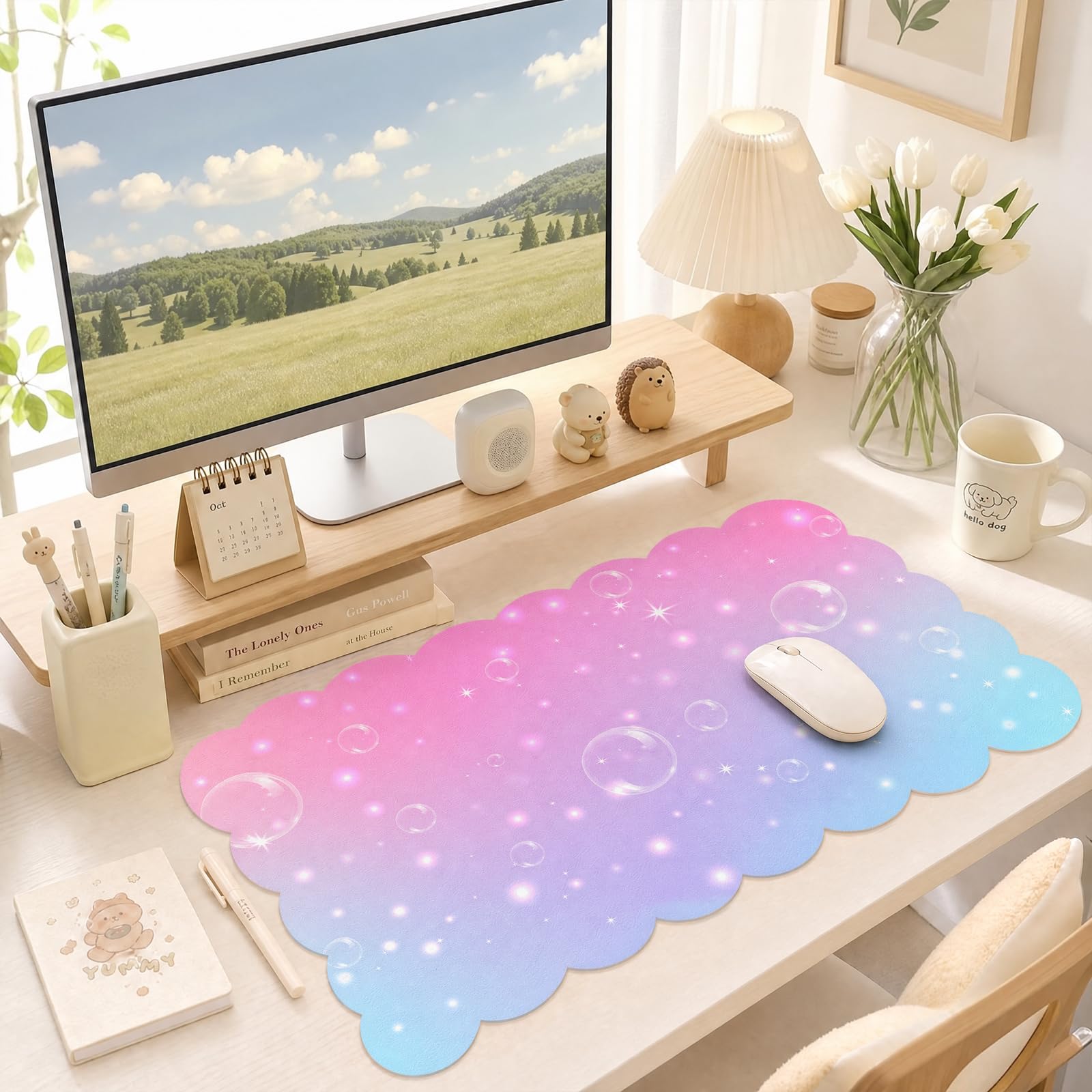 Scalloped Desk Mat,31.5"x15.7" Large Mouse Pad for Desk Pad,Beige