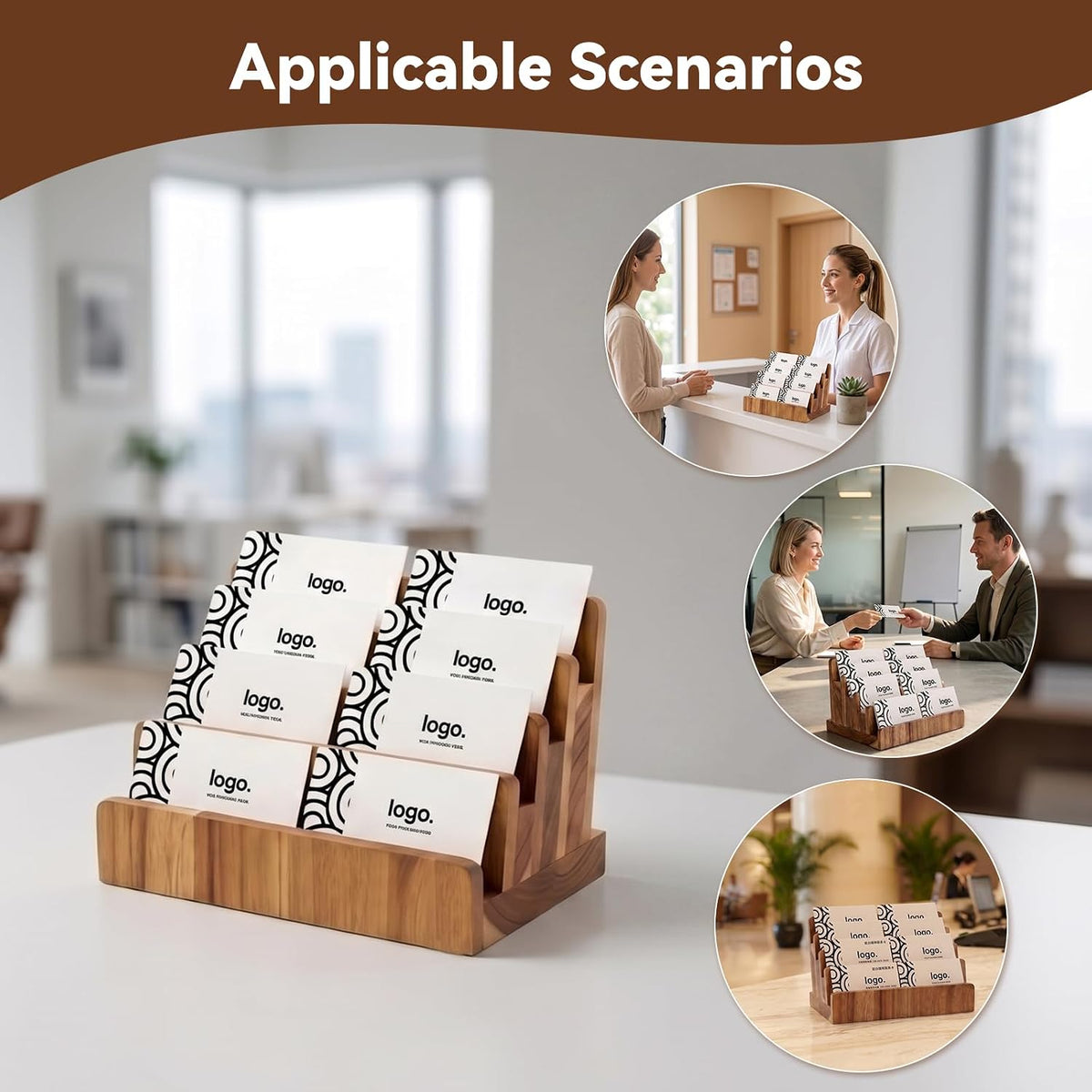 4 Tier Acacia Wood Business Card Holder,Desktop Business Card Display Stand