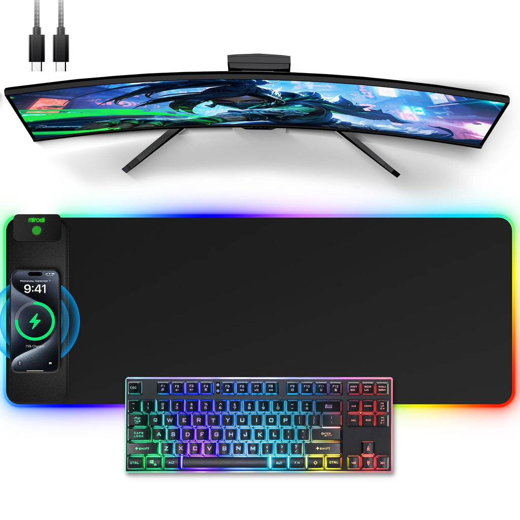 XXL Mouse Pad with Phone Holder - Black, RGB Desk Mat with 15W Fast Charging, LED Gaming Mousepad with 11 Light Colors, Waterproof Non-Slip Pad for Office & Home (Black with PD Adapter)