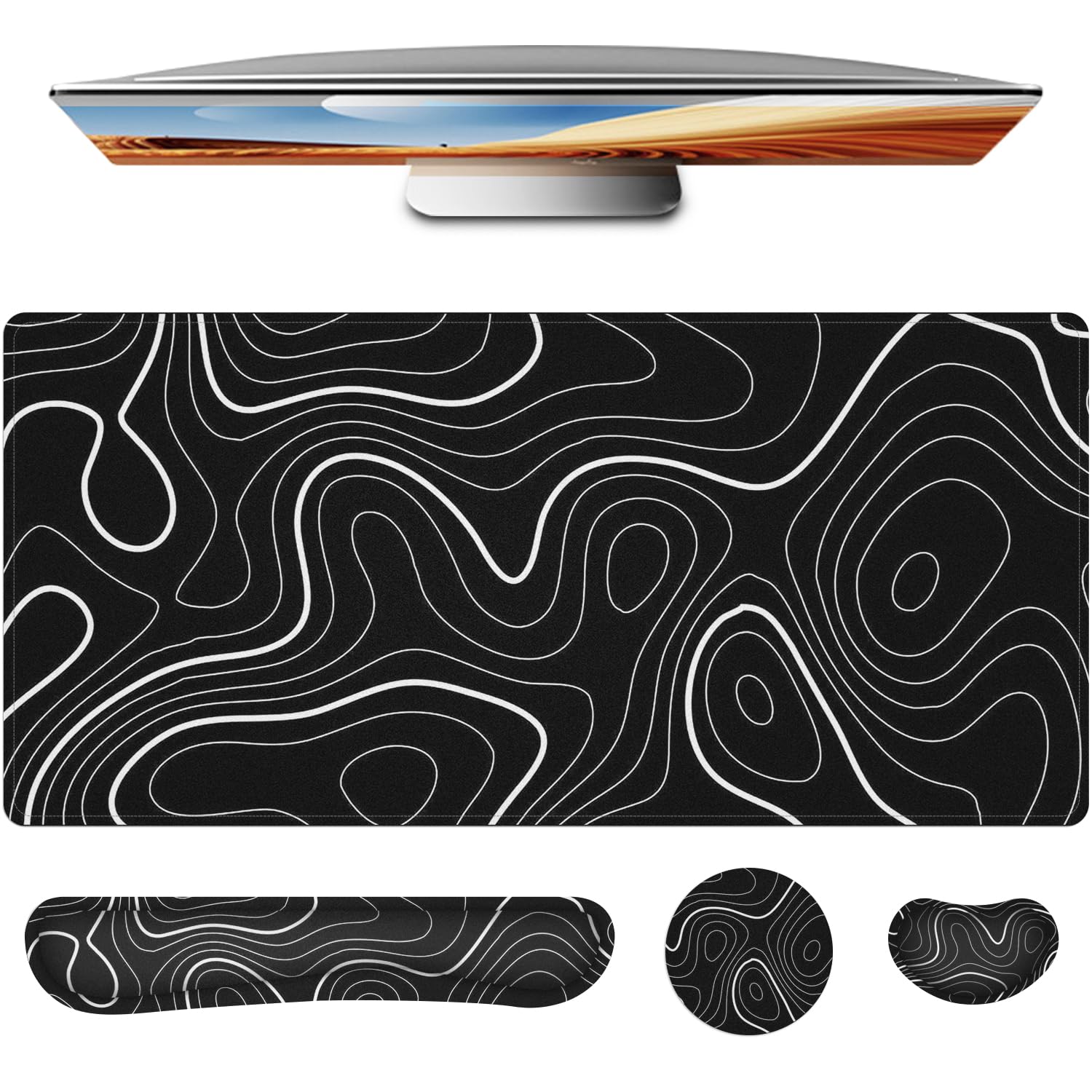 Keyboard Mouse Pad Set,Large Gaming Mouse Pad+Keyboard Wrist Rest+Wrist Rest+Coaster,Computer Desk pad Set Wrist Support for Office Desktop Laptop. (35.4" x 15.7") Extended Desk Mat (Floral)