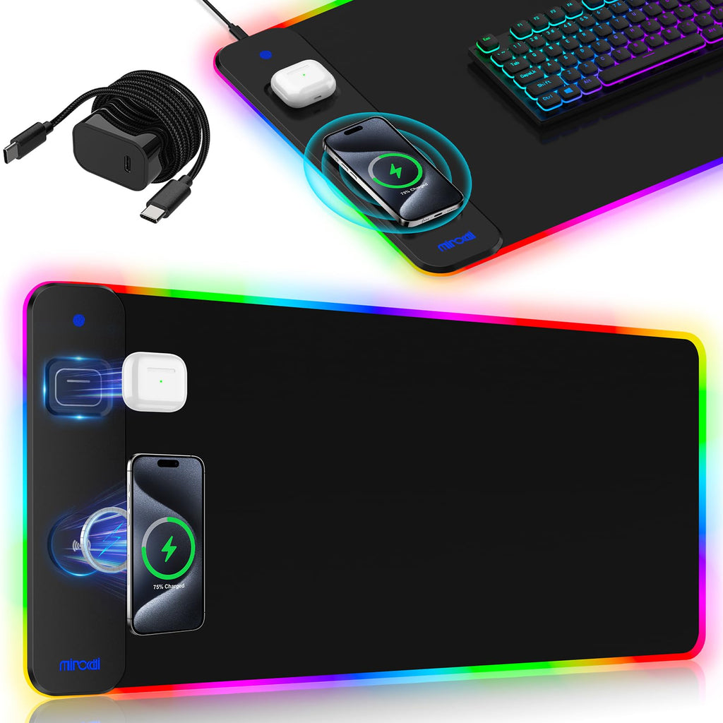 Wireless Charging RGB Mouse Pad with Phone Stand, Large Gaming Desk Mat