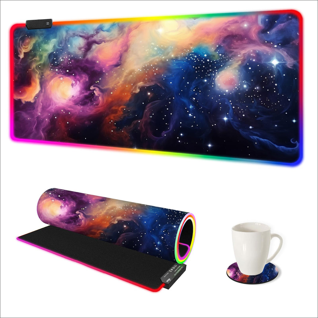 AIMSA RGB Gaming Mouse Pad Extended, Large Led Mousepads Non-Slip Rubber Base with 14 Lighting Modes, Computer Keyboard Mat Soft Desk pad Waterproof 35.4 x 15.8 inches, Galaxy Nebula Universe