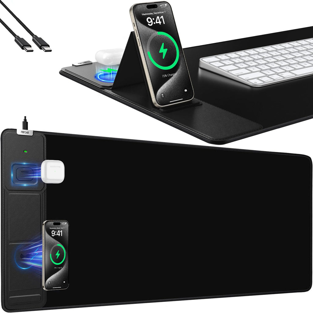 XXL Mouse Pad with Phone Holder - Black, RGB Desk Mat with 15W Fast Charging, LED Gaming Mousepad with 11 Light Colors, Waterproof Non-Slip Pad for Office & Home (Black with PD Adapter)