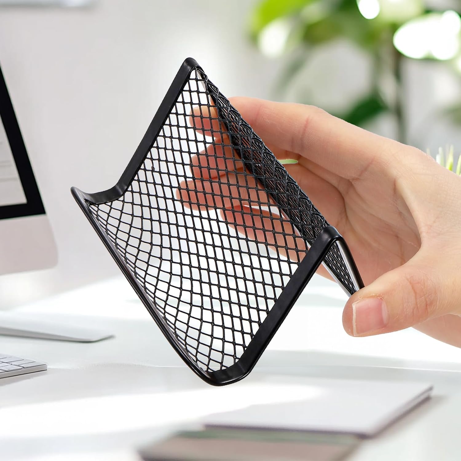 12 Pack Business Card Holder for Desk, Metal Mesh Business Card Stand Desktop Display Rack, Black Business Card Organizer Holds up to 50 Name Cards for Office