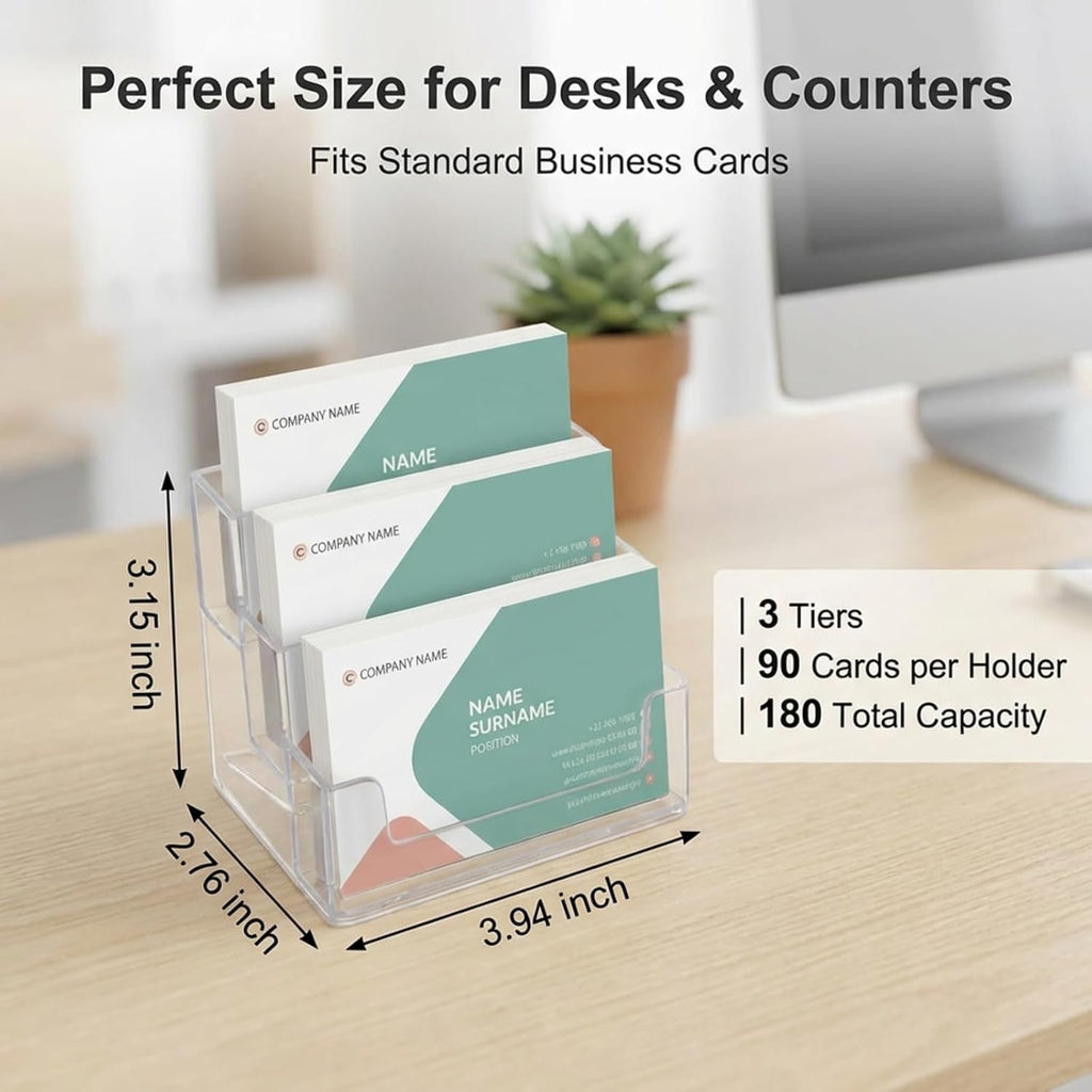 TecUnite 2 Pieces Business Card Holder for Desk 3 Tier Clear Acrylic Stand
